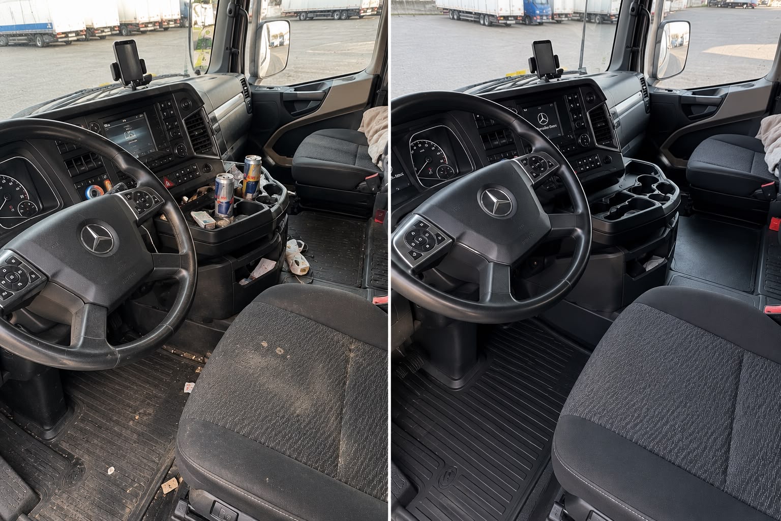 LKW-Fahrerhaus vor und nach der Innenreinigung: Cockpit, Mittelkonsole, Fußraum und Fahrersitz